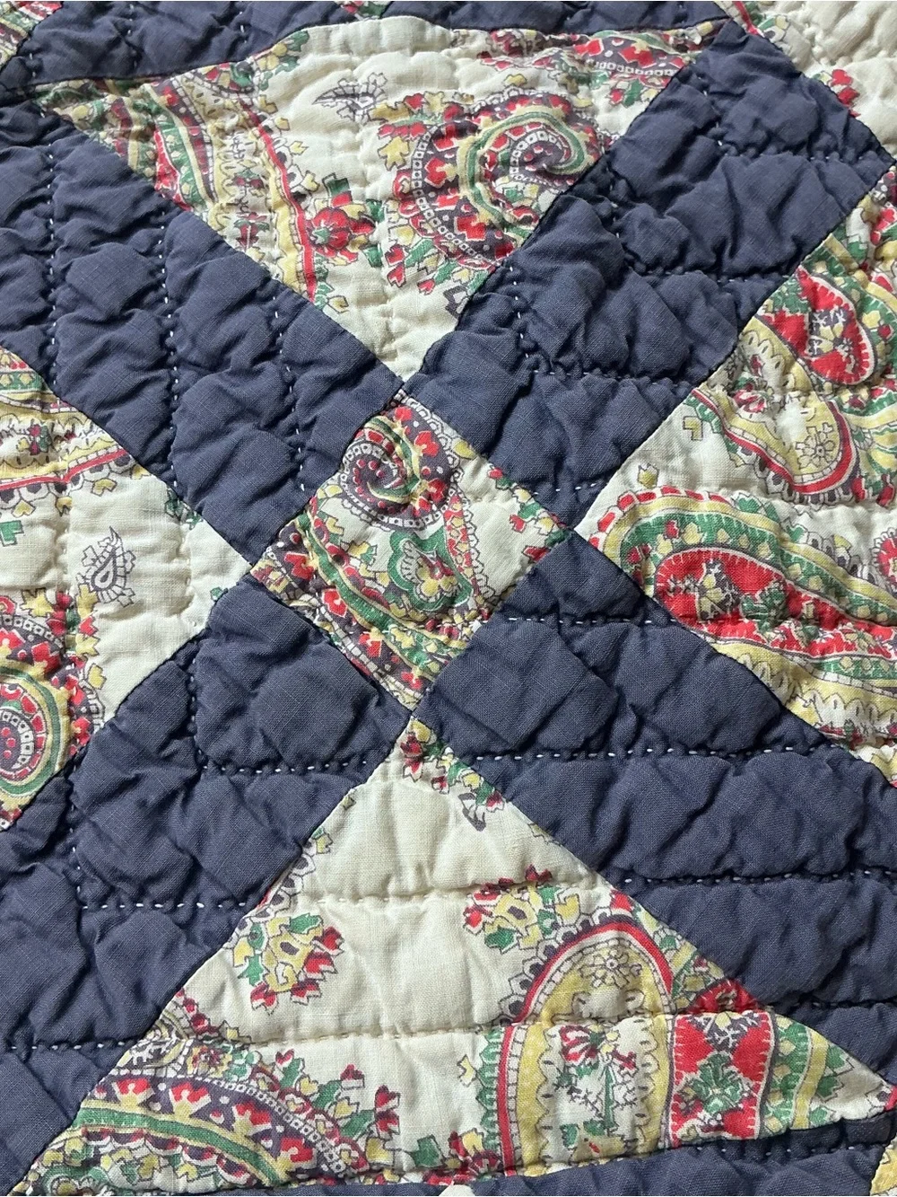 Vintage handstitched cross pattern multicolored patchwork quilt 70 x 75 USA made
